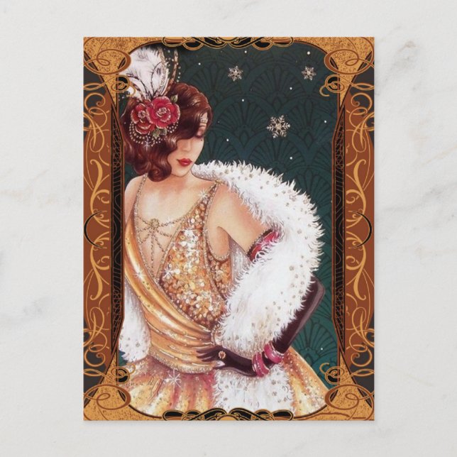 Jul Flapper Girl i Guld Glittery Dress Vykort (Framsida)