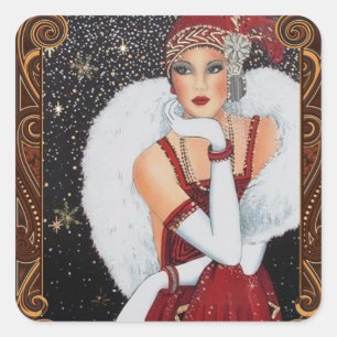 Jul Flapperflicka Stjärnfylld Natt Himmel Fyrkantigt Klistermärke