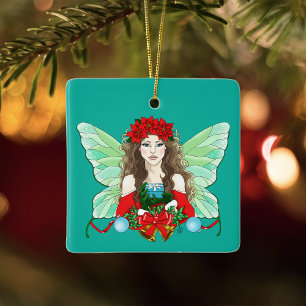 Jul Flicka Brunett Röd Grön Poinsettia Julgransprydnad Keramik