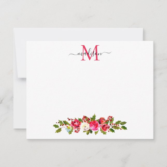 Jul Floral Greenery Järnek Berries Monogram Anteckningskort (Framsida)