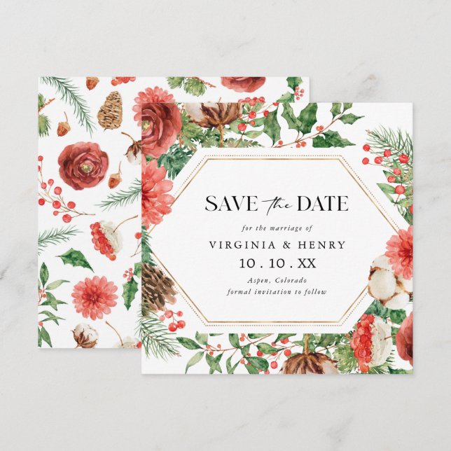 Jul Floral Högtid Spara Datumet (Fram/baksida)