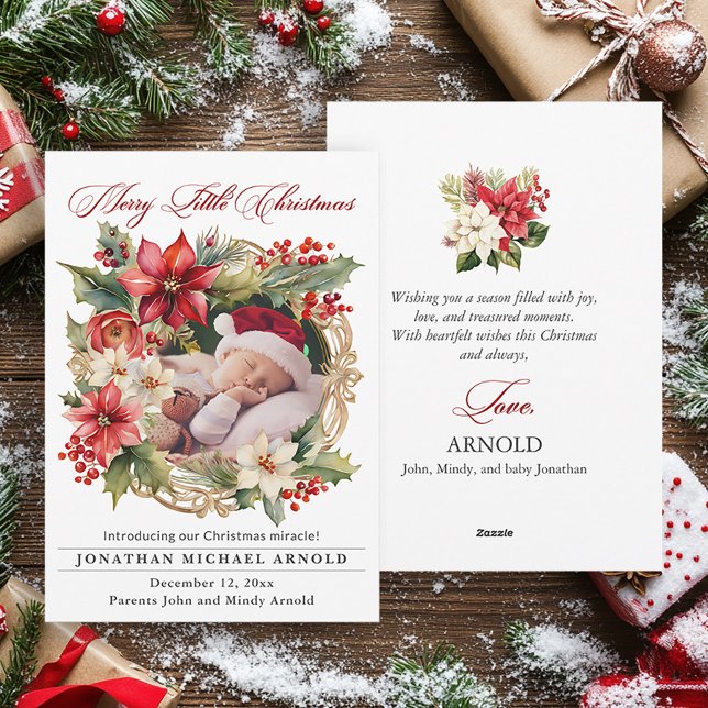 Jul Födselannons Poinsettia Foto Julkort (Elegant poinsettias baby birth announcement Christmas greeting card)