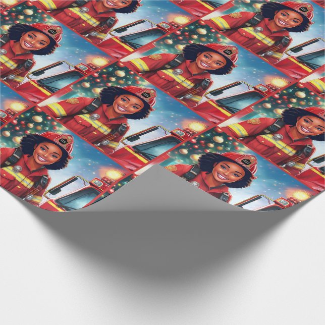 Jul för afrikansk kvinnlig brandman presentpapper (Hörn)
