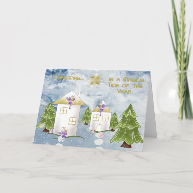 Jul-för barn med Fairy's Houses Träd Snö Helgkort (Framsida)