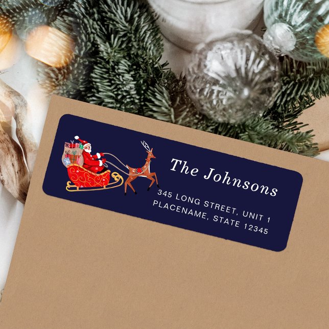 Jul för Cute Santa & Reindeer Returadress Etikett (Cute Santa & Reindeer Christmas Label)
