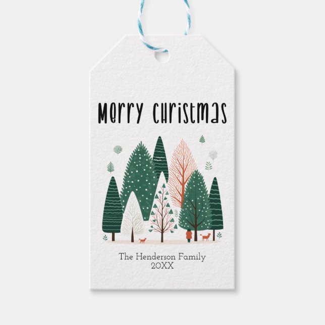 Jul för familjen Cute Winter Woodland Gräs Träd Presentetikett (Framsidan)