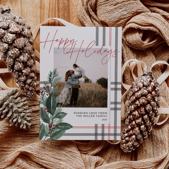 Jul för familjen Rustic Play Greenery Julkort (Rustic Plaid Greenery Family Photo Christmas Card)