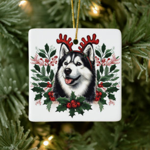 Jul för Festive Reindeer Siberian husky Hund Julgransprydnad Keramik