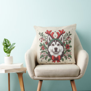 Jul för Festive Reindeer Siberian husky Hund Kudde