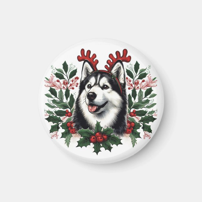 Jul för Festive Reindeer Siberian husky Hund Magnet (Framsidan)