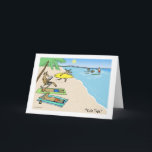 Jul för jultomten och renboren Beach Vacation Helgkort<br><div class="desc">Humoriserat julkort. Tecknad av tomten och hans renar på en solig tropisk strandsemester. Skeppslös Jultomten i röda badbyxor rider vågar. En renare springer med en surfboard. Andra renar är garvning eller avläsning på sanden. Titeln är "Yule Tide". Insidan av kortet: "varmaste helgdag önskemål". Insidan av hälsning kan vara personlig. En...</div>