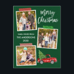 Jul för penselskript, Craft Tape Red Lastbil Vykort<br><div class="desc">I det moderna penselskriptet God jul 3 Photo Collage Helgdag Postcard ingår Craft Tape and Watercolor Vintage Red Lastbil med Julgran. Skogens Grönt - bakgrund.</div>