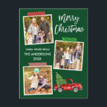 Jul för penselskript, Craft Tape Red Lastbil Vykort<br><div class="desc">I det moderna penselskriptet God jul 3 Photo Collage Helgdag Postcard ingår Craft Tape and Watercolor Vintage Red Lastbil med Julgran. Skogens Grönt - bakgrund.</div>