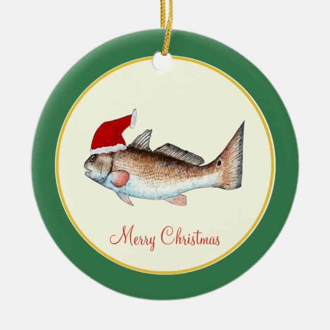 Jul för RedfishSanta hatt på grönt Julgransprydnad Keramik (Framsidan)