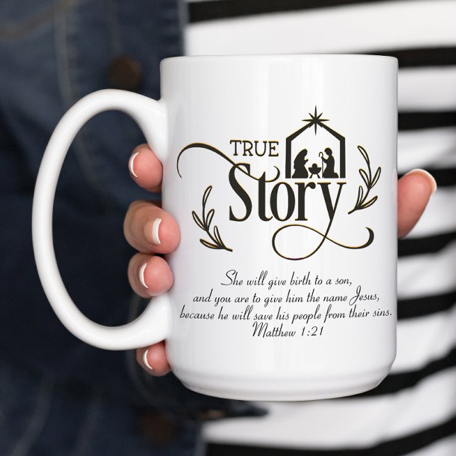 Jul för Religiösan True Story Kaffemugg (Christmas Nativity Mug with Scripture. "She will give birth to a son")