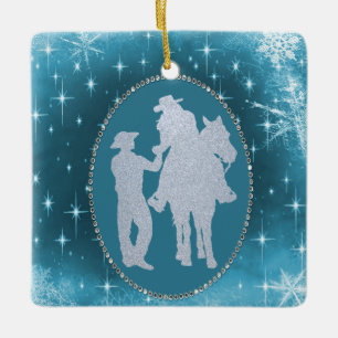 Jul för romantiker för CowboyCowgirlhäst Julgransprydnad Keramik
