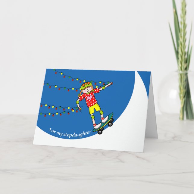 Jul för styvdotter, skateboardåkare & lampor helgkort (Framsida)