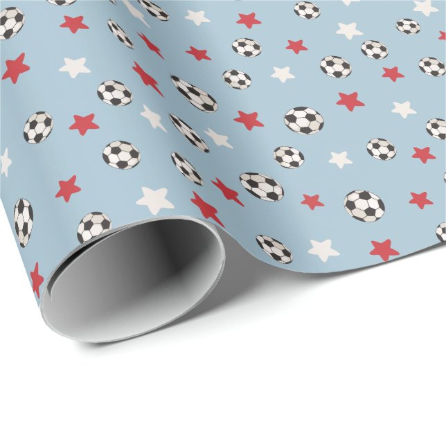 Jul Fotboll Fotbollar Röda Blå Stjärnor Presentpapper (Rullad Hörn)