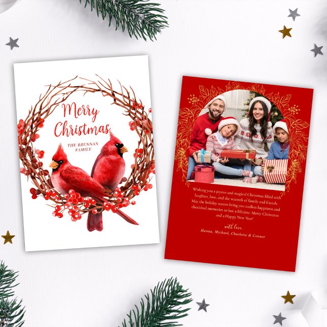 Jul Foto Festive WANAN Red Kardinal Julkort (Christmas Photo Festive Wreath Red Cardinal Holiday Card)