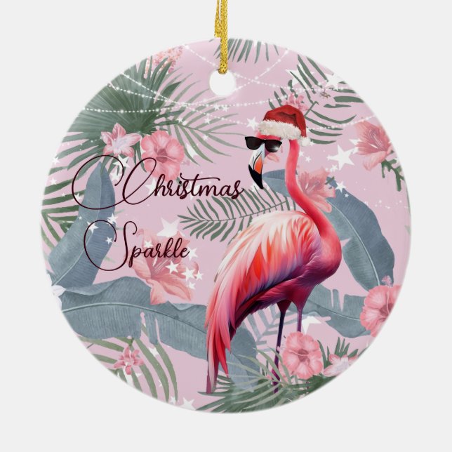 Jul Foto Flamingo Santa Hat Tropical Julgransprydnad Keramik (Baksidan)