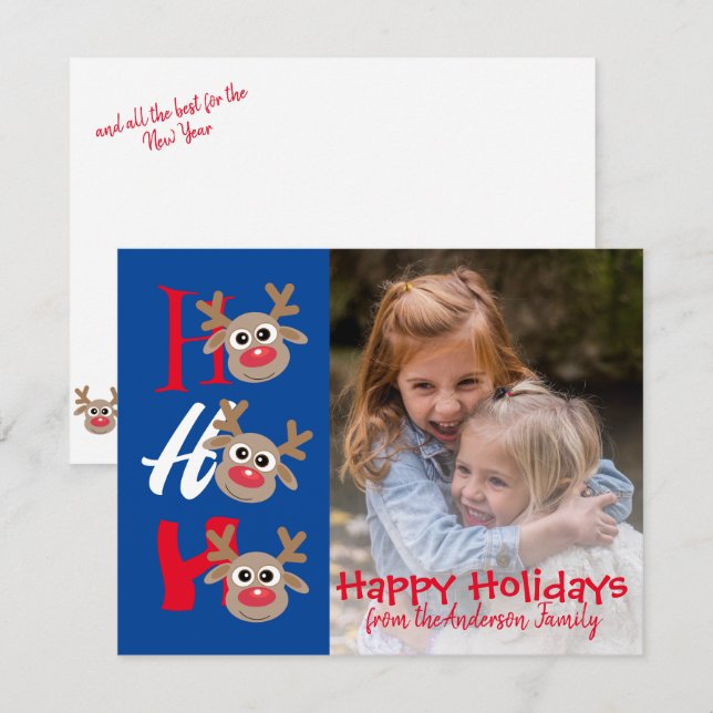 Jul Foto Ho Ho Ho Tecknad Ren Blå Julkort (Fram/baksida)