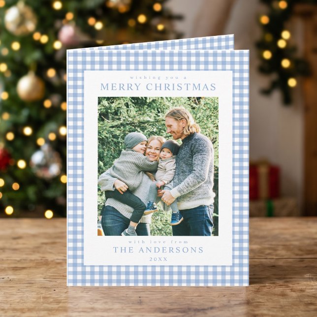Jul Foto i Blå Gingham Helgkort (Skapare uppladdad)