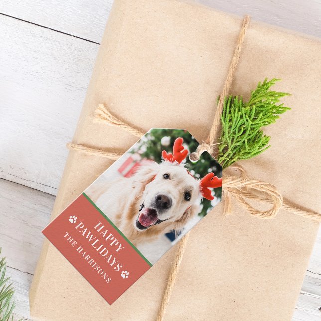 Jul Foto på Hund Lycka till Pälskjul Presentetikett (Dog Christmas Photo Happy Pawlidays Gift Tags)