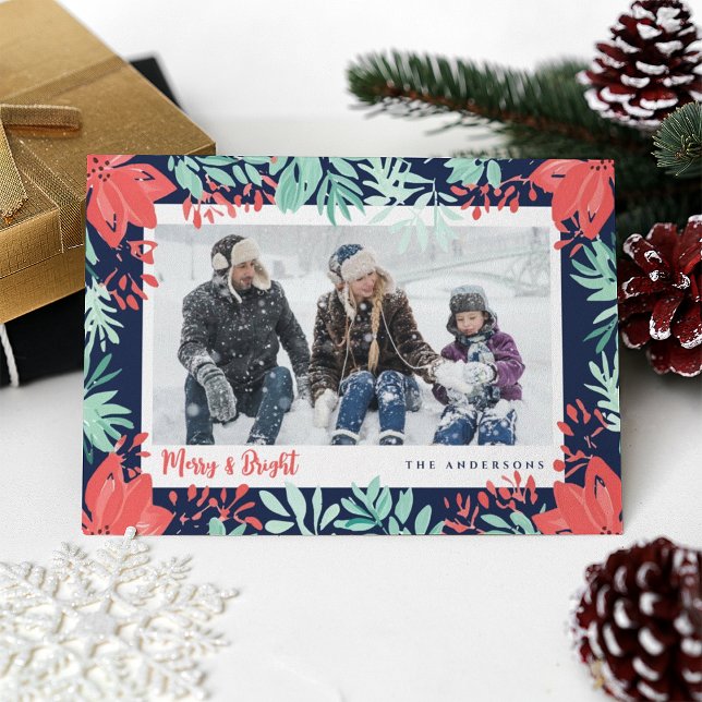 Jul Foto Röd Blommig Botanisk Grönska Julkort (Skapare uppladdad)