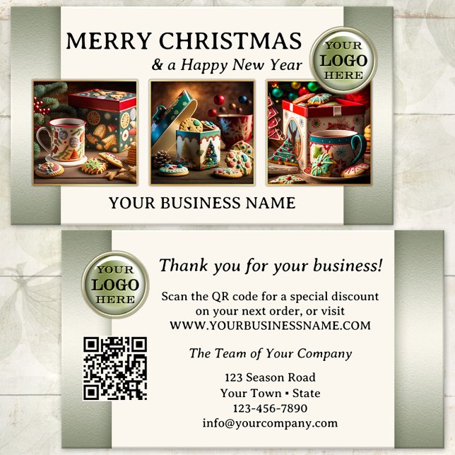 Jul Foto Tack För Din Affär Visitkort (Green ivory photo Christmas Holidays Thank You business card with logo and QR code templates)
