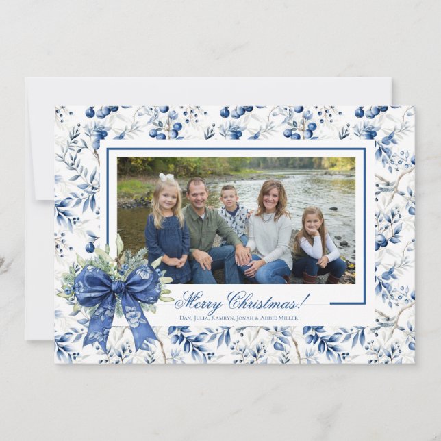 Jul Fotokort med Blå Juliholly Toile-mönster Julkort (Framsida)