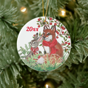 Jul Fox Bunny Rabbit Botanical Red Berry Julgransprydnad Keramik