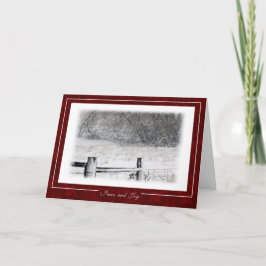 Jul fred och snöig vinterplats för glädje helgkort