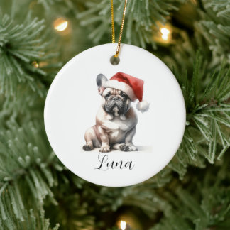Jul French Bull Dog Santa Hat Ornament