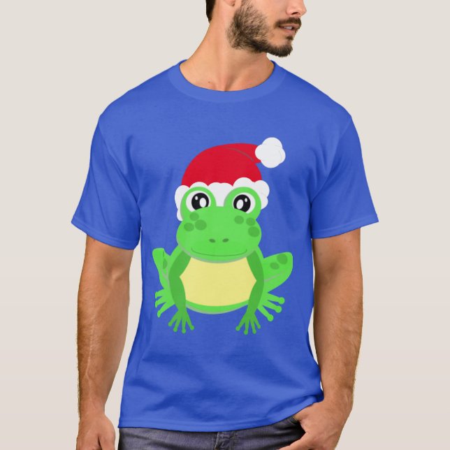 Jul Frog Santa Hat Novelty Funny Blue T Shirt (Framsida)
