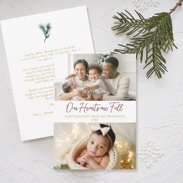 Jul Fullt Hearts Classic Family Baby 2 Foton Julkort (christmas family card baby announcement card modern calligraphy simple elegant 2 photos red gold)
