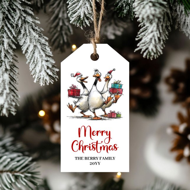 Jul Galna Gäss Lekfulla Nyckfullhet Presentkortsmä Presentetikett (Christmas Silly Geese Playful Whimsy Gift Tag)