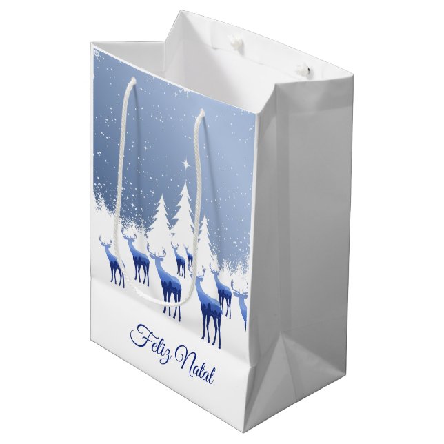 Jul Gift Bag Blue Hjort Feliz Natal (Framsidan Vinklad)