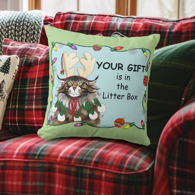 Jul Gift Cat Grönt Funny Kudde (Skapare uppladdad)