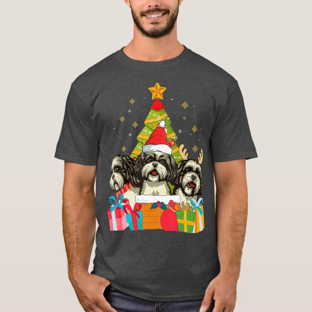 Jul Gift Cute Shih Tzu Hund Julafton Träd T Shirt (Framsida)