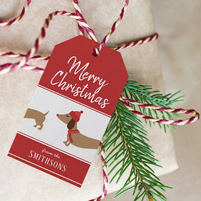 Jul Gift Märkre Dachshund Personlig Doxie Presentetikett (Personalized dachshund Christmas gift tag and twine)