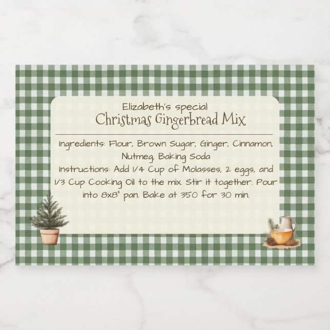 Jul Gingerbröd Mix Grönt Gingham Labels Mat Etiketter (Singel etikett)