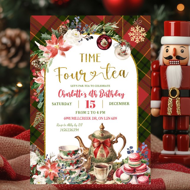 Jul Gingham Tid För Tea 4-års Födelsedag Inbjudningar (Skapare uppladdad)