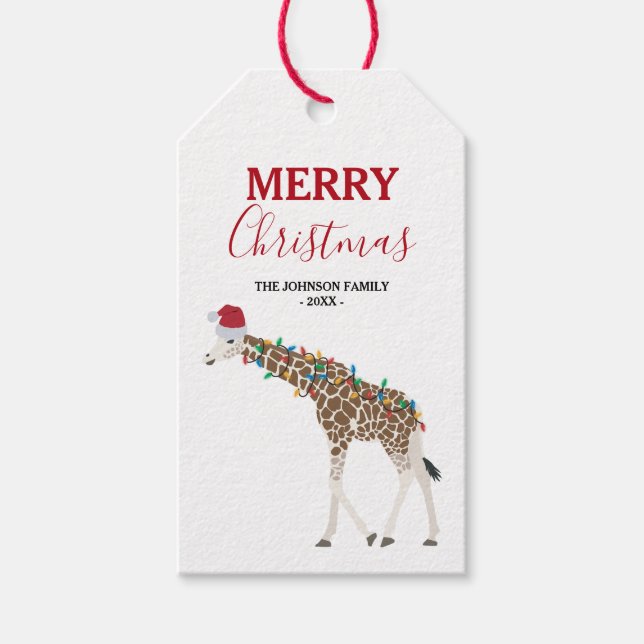 Jul Giraffe Funny Animal med Santa Hat Card Presentetikett (Framsidan)
