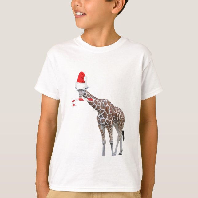 Jul Giraffe med Santa Hat T Shirt (Framsida)