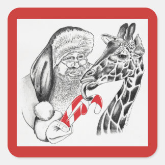 Jul Giraffe och Jultomten Fyrkantigt Klistermärke