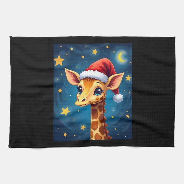 Jul Giraffe Santa Hat Starry Night Helgdag L Kökshandduk (Horisontell)