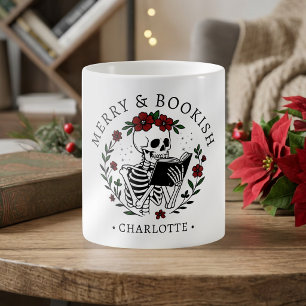 Jul Glad & Bokig Rolig Läsande Skelett Kaffemugg
