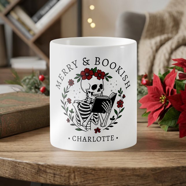 Jul Glad & Bokig Rolig Läsande Skelett Kaffemugg (Skapare uppladdad)