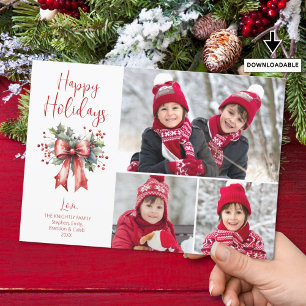 Jul GLAD HELG 3 Photos Red Bow Script Julkort
