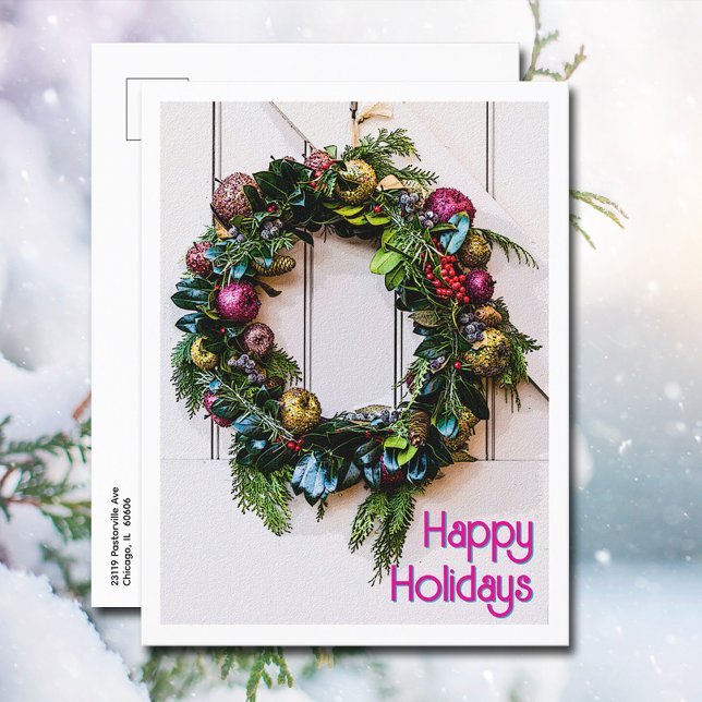 Jul-Glad helg: Jordbrukshus Modern andedräkt \ Helg Vykort (Happy Holidays Farmhouse Wreath on a Christmas postcard will make you mailing chore simple this year)